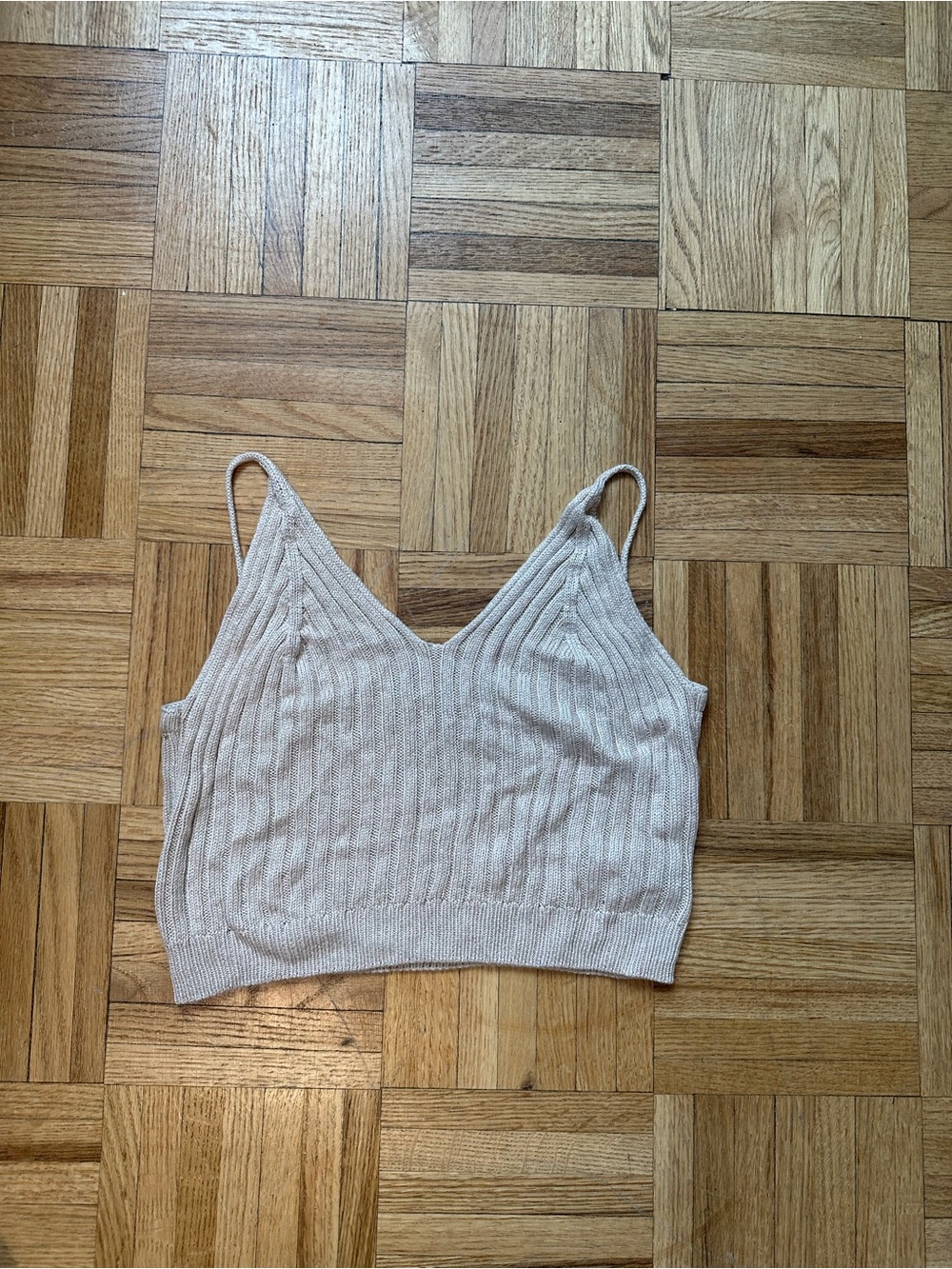 V-Neck Ribbed Knit Crop Tank Top in Cream